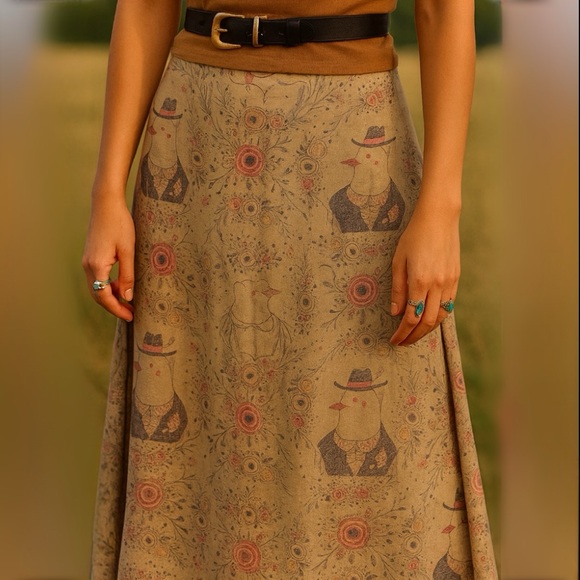 Anthropologie Pepaloves Linen Blend Tan Floral Bird Midi Skirt Size Medium - Picture 2 of 9